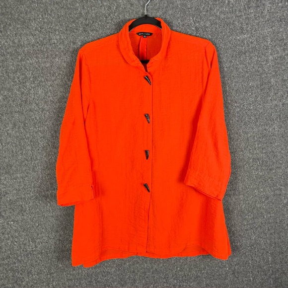 John Mark Tops - John Mark Women’s M Seersucker Orange Tunic Pockets 3/4 Sleeves Artsy Buttons